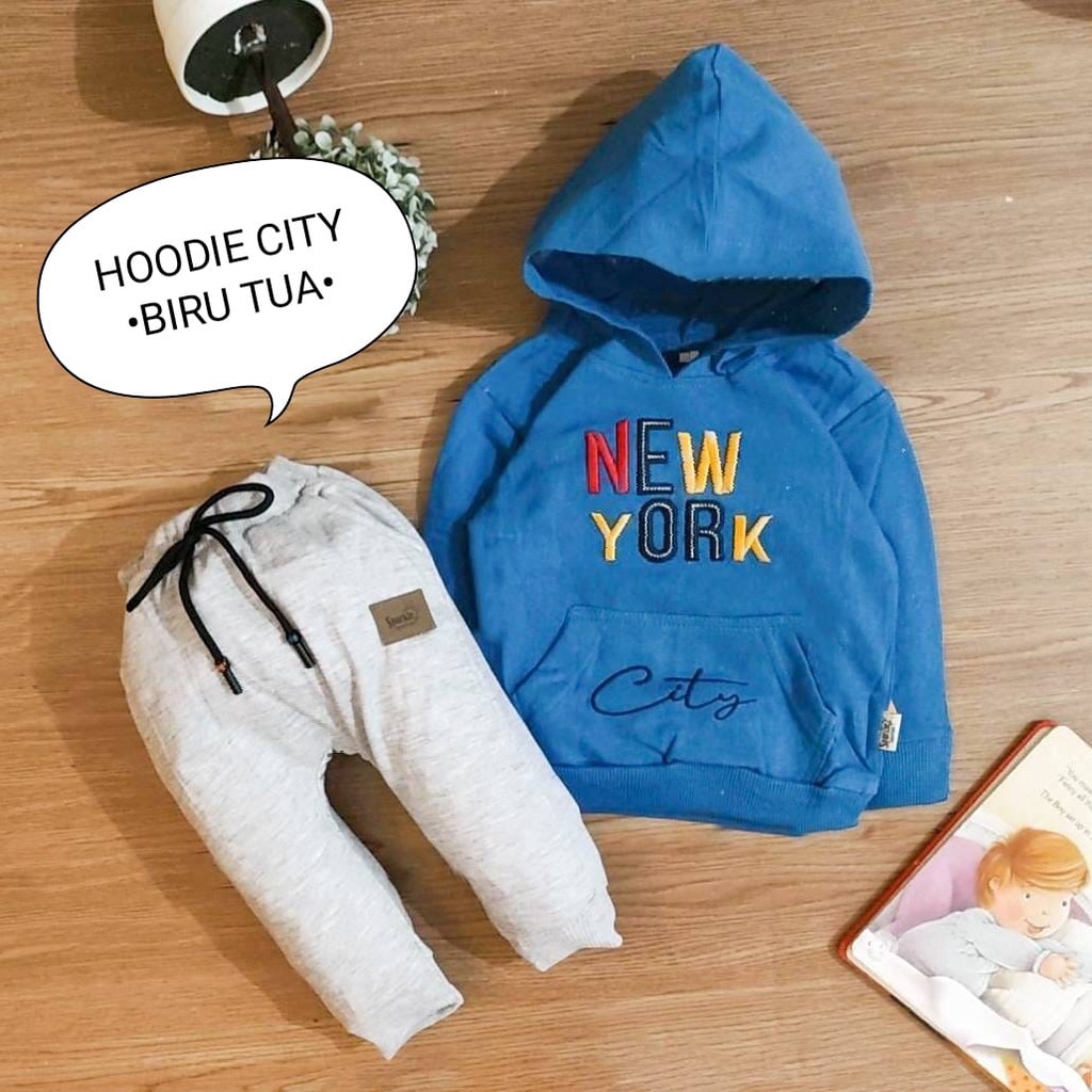 Setelan Baju Anak Bayi Laki-Laki Set Panjang Celana Panjang Model Hoodie Sweater Celana Joger Motif Bear USA City