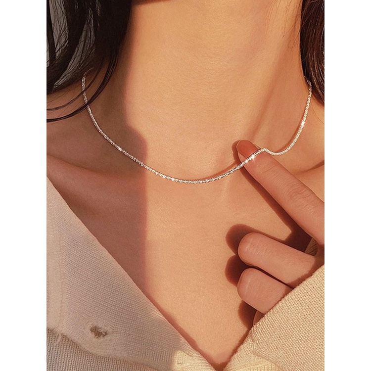 Fancyqube Kalung Choker Rantai Klavikula Model Datar Berkilau Untuk Wanita