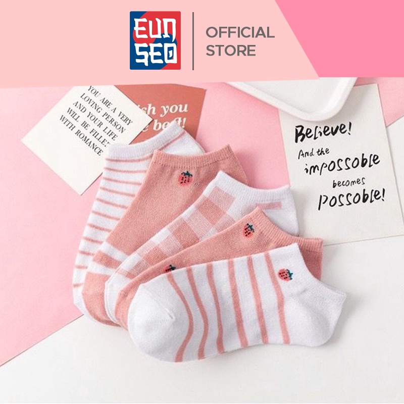 EUNSEO Kaos Kaki Ankle Cute Fashion Korea Motif Strawberry Garis Pink Kaos Kaki Pendek Import