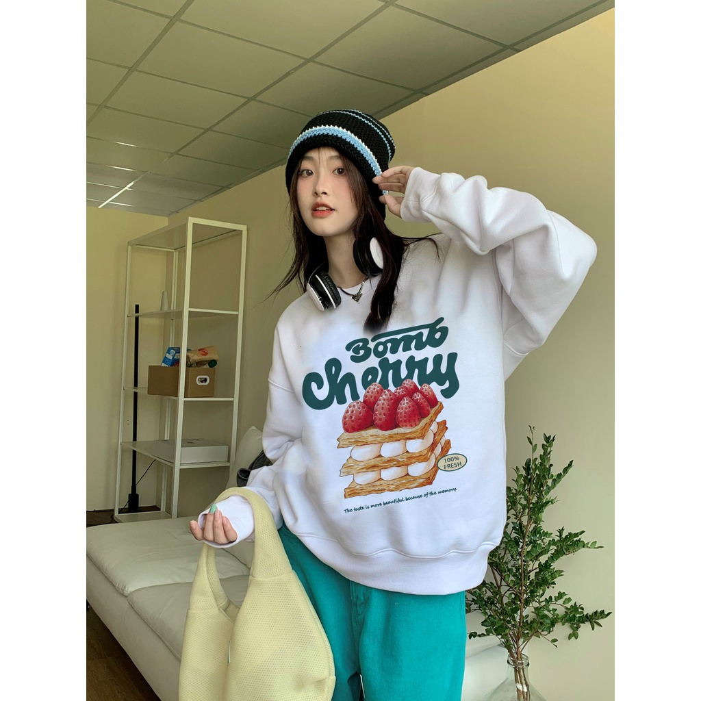 EUNII Sweater Lengan Panjang Strawberry Cake Korean Style/Hoodie Oversize/Baju Wanita/Switer Wanita