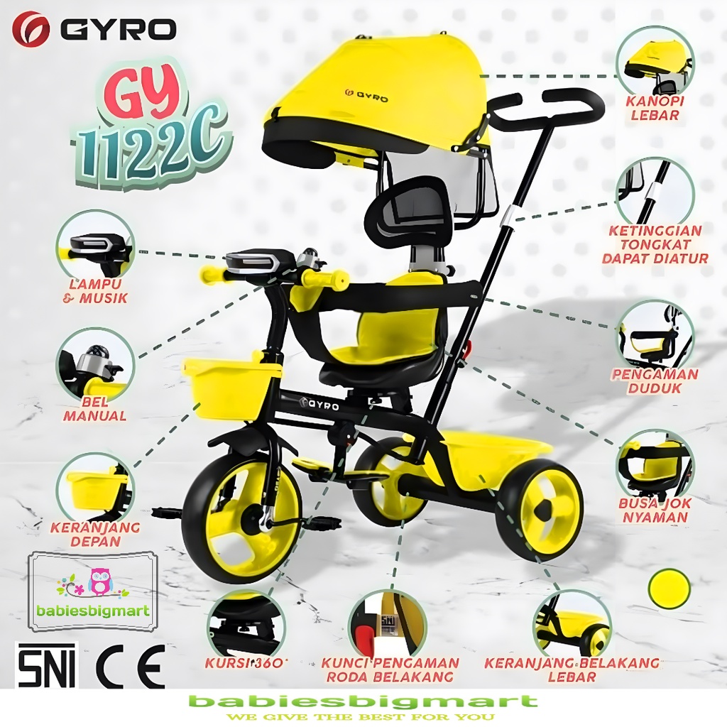 Sepeda Anak Roda 3 Tiga Tricycle GYRO 1122C Musik Kursi Putar Canopy