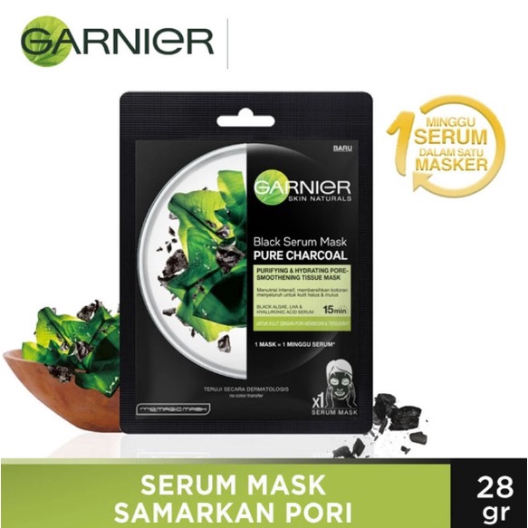garnier masker wajah samarkan pori pure charcoal (hitam) isi 10pcs
