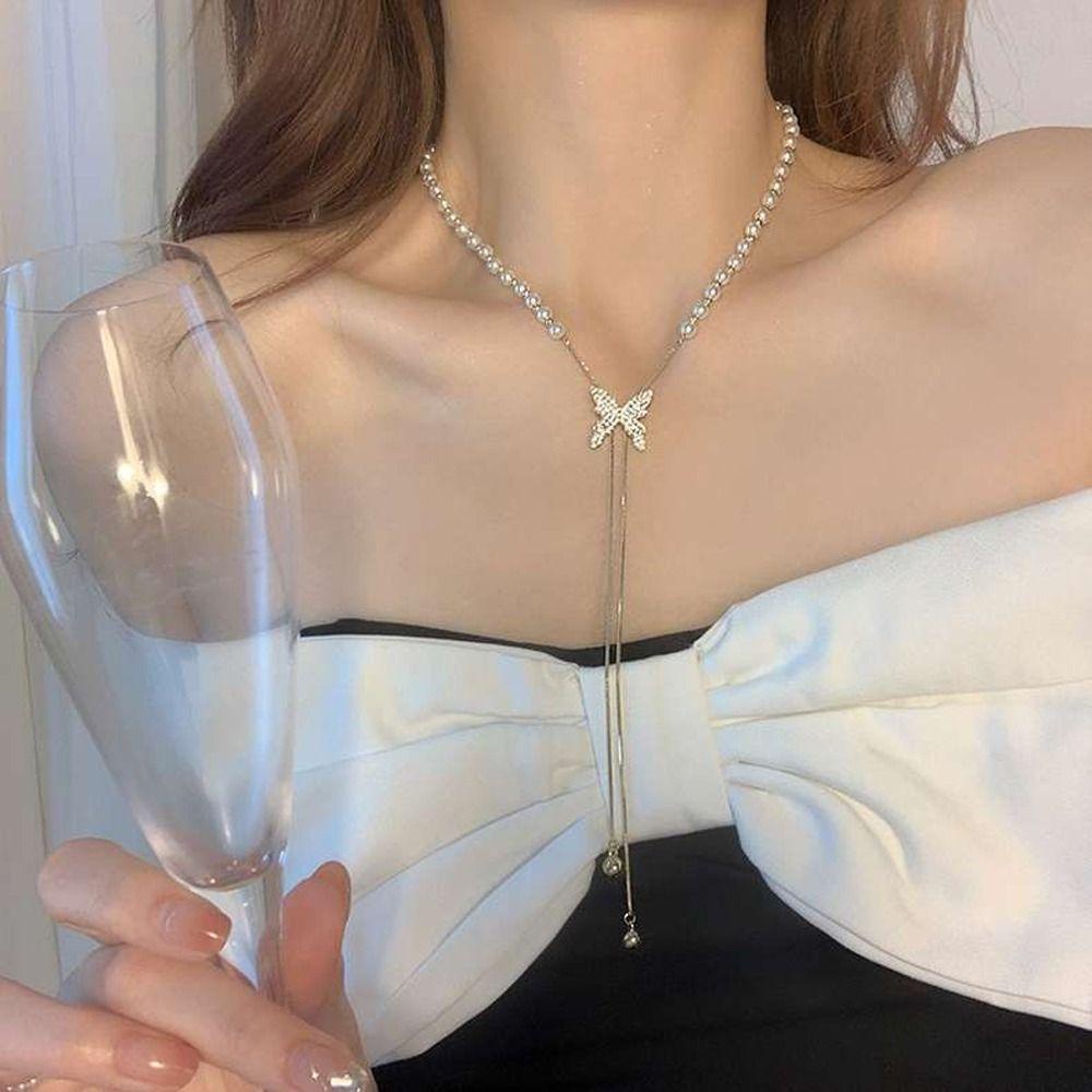 Mxbeauty Wanita Kalung Elegan Indah Halus Mutiara Gadis Hadiah Kupu-Kupu Niche Desain Adjustable Perempuan Klavikula Rantai