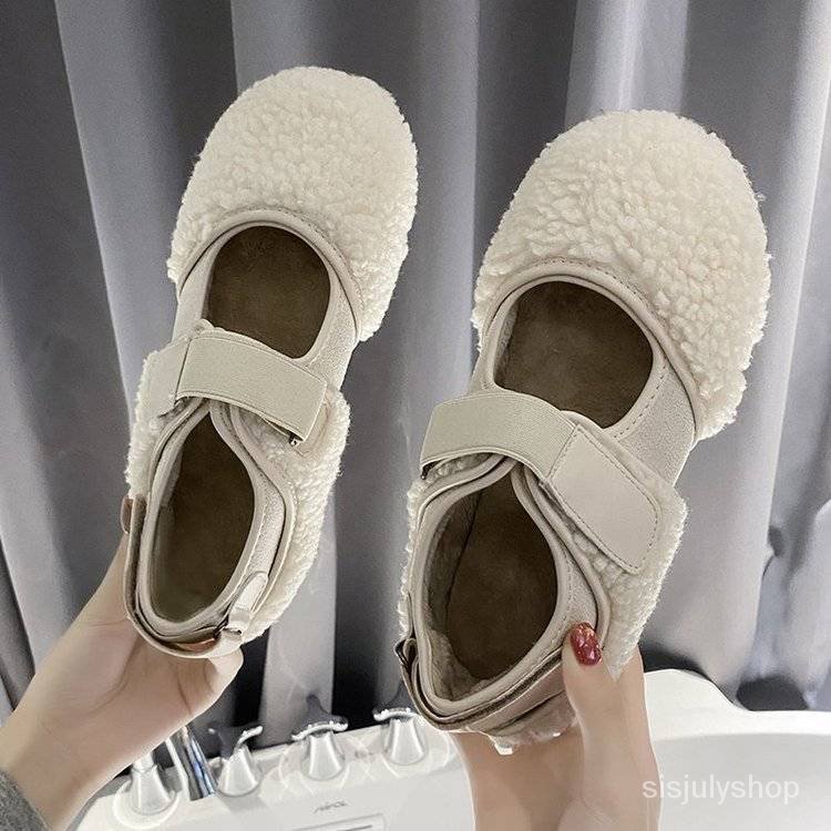 #Sisjuly# Sepatu wol kue domba baru wanita sebuah kata dengan di luar memakai sepatu kacang bawah da