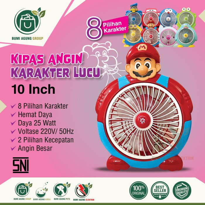 Kipas Angin Karakter Portable Mini 10 inch WELHOME 25cm 25 cm 10in 10inch Cars Doraemon Donald Duck Mario Hello Kitty Pinguin Keropy Minion Spiderman Pikachu SNI LUCU MURAH cocok untuk hadiah dan anak anak