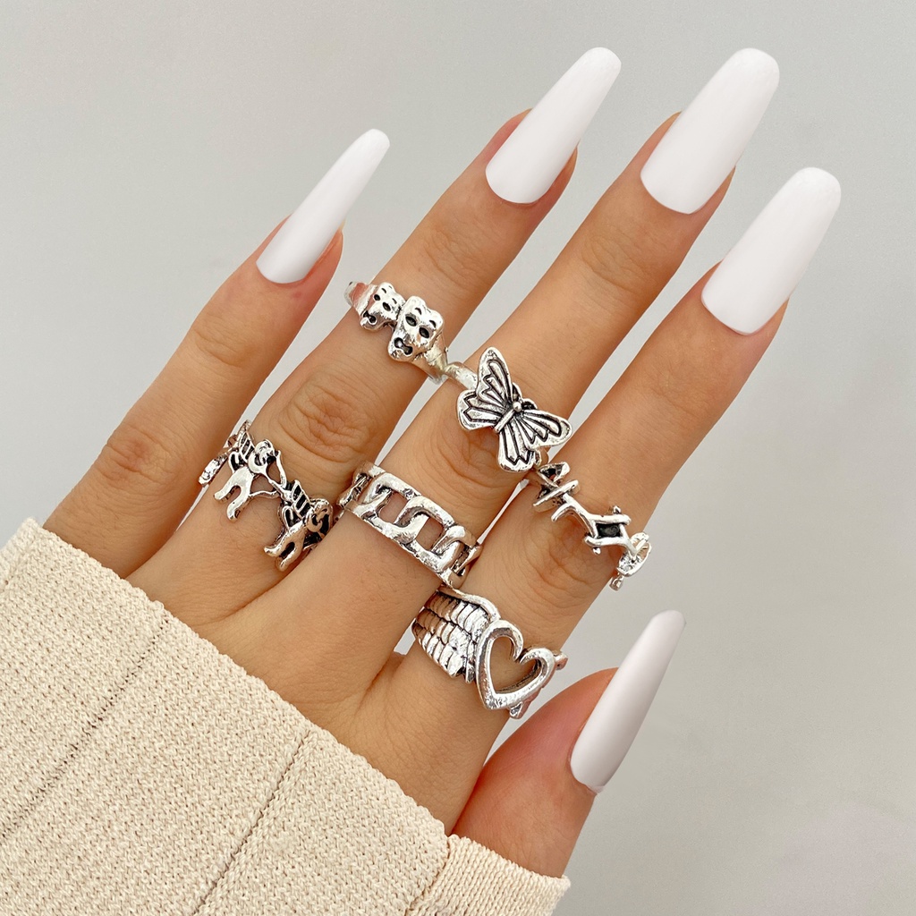 Set Cincin Model Butterfly Angel Hati Terbuka Warna Silver Gaya Vintage Untuk Pria Dan Wanita