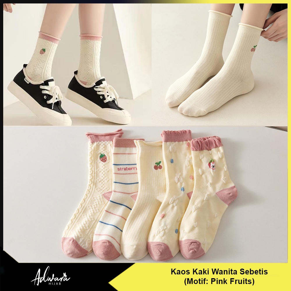 Kaos Kaki Wanita Panjang Sebetis Motif Pink Fruits Gaya Fashion Korean Kualitas Katun Import