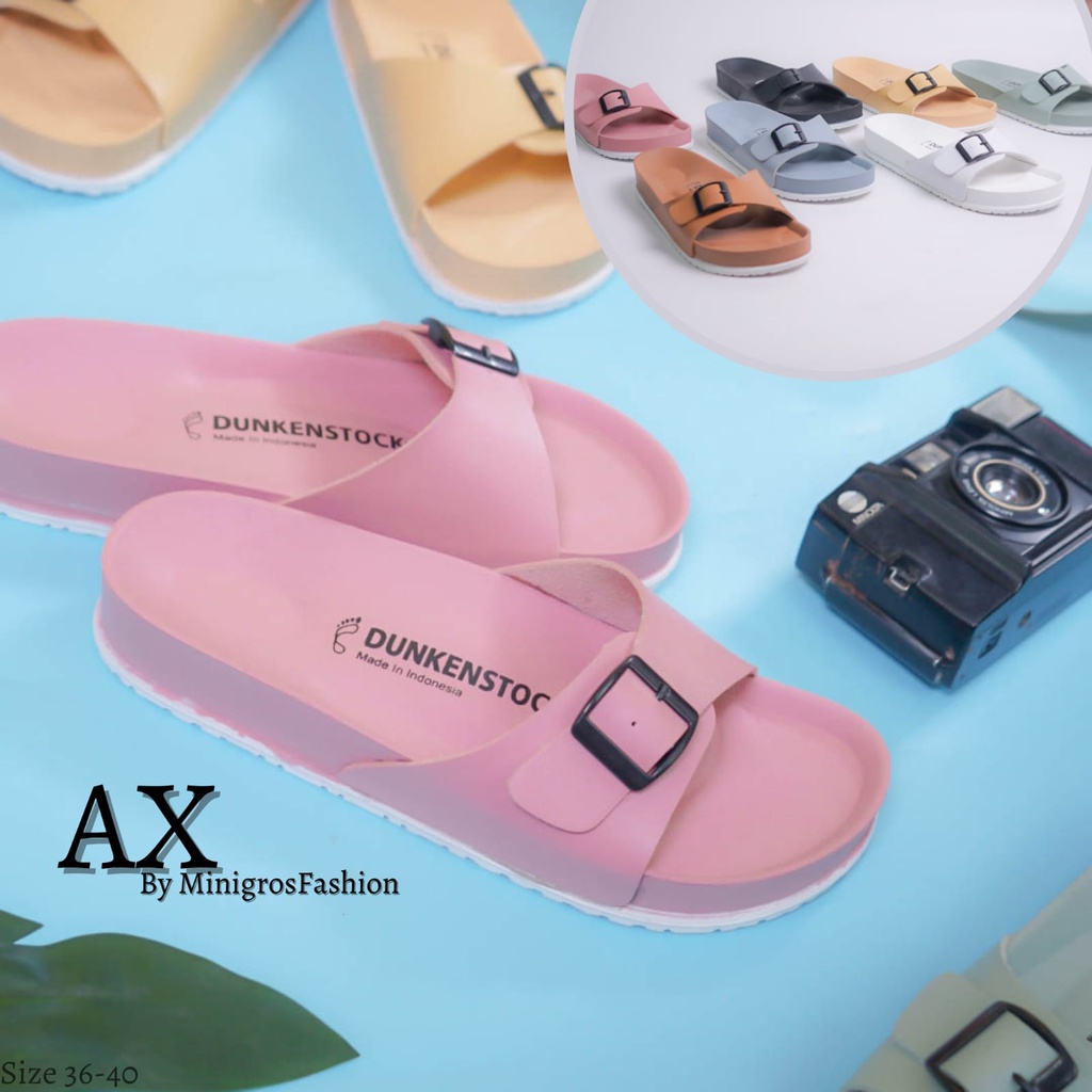 Dunkenstock AX Sandal slop wanita casual sandal selop cewek sol karet model birken gesper single strap kekinian