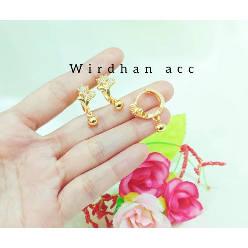 Anting Wanita Dewasa Bulat Daun permata kecil Lapis Emas 18K