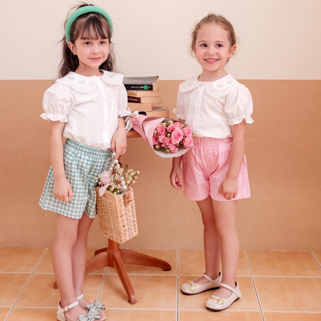 [KSWEET-16092]  BAJU SETELAN BUNGA KOTAK-KOTAK KOREAN STYLE BAJU ANAK PEREMPUAN 2-7 TAHUN