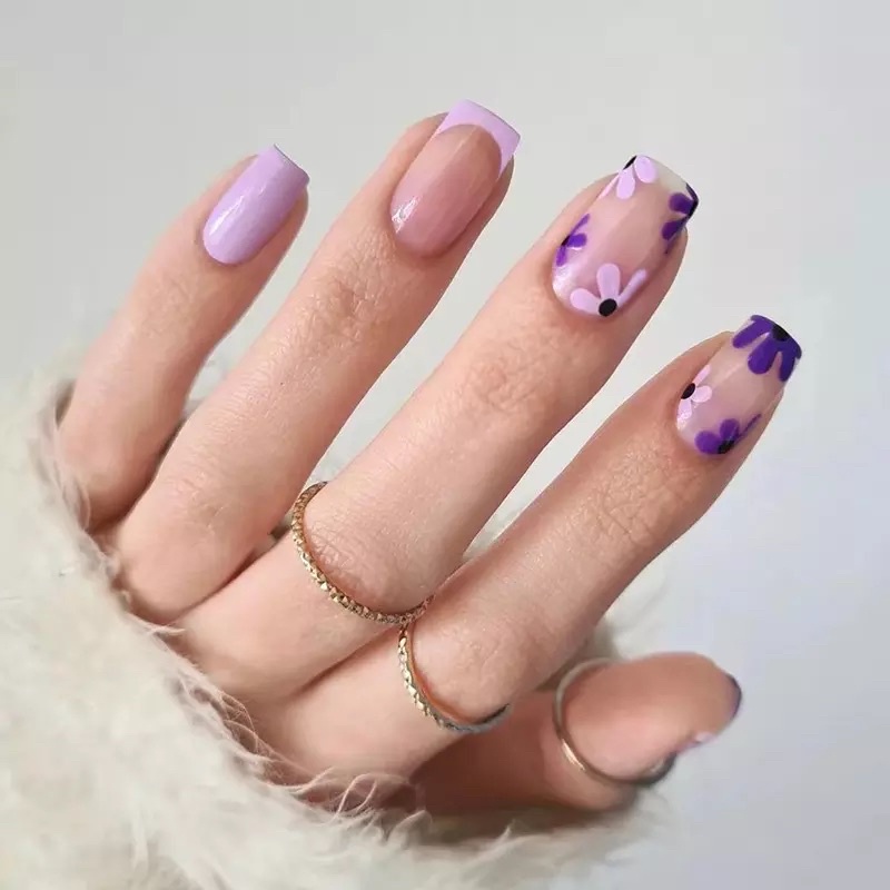 Purple Flowers Fake Nails Kuku Palsu Warna Ungu Army BTS