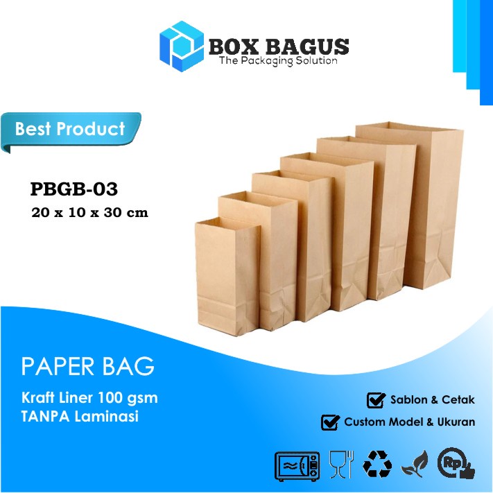 PAPER BAG GOODIE KANTONG KERTAS SOUVENIR GIFT SNACK KUE ROTI NASI BURGER 20x10x30 cm KRAFT 100 gsm