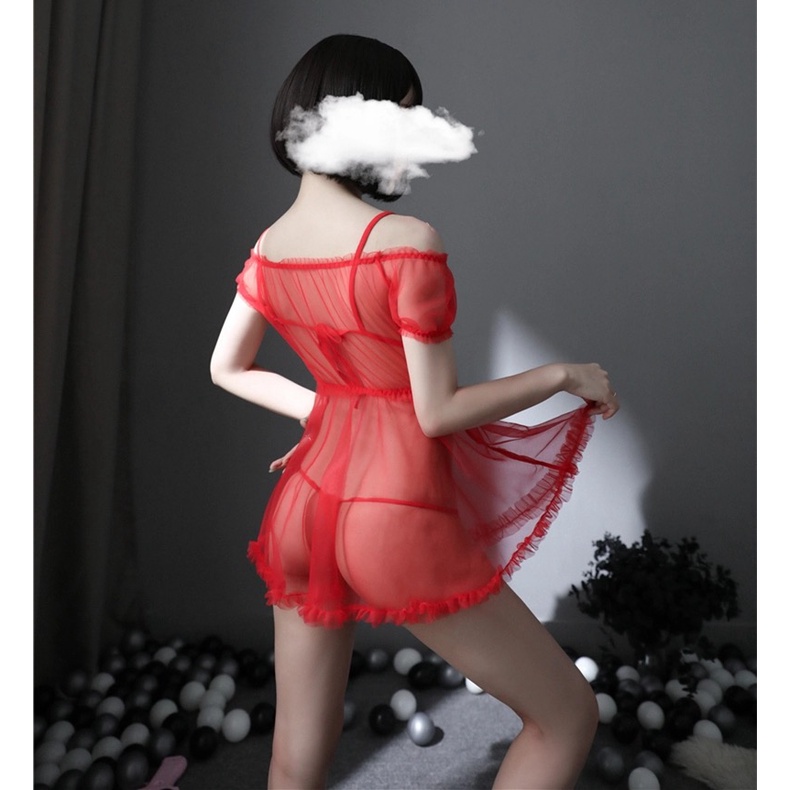 Lingerie Wanita Set Open Bra dan Thong Sexy transparan Strapless blus Mini babydoll Baju Tidur A506-