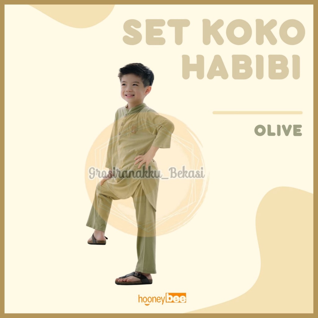 Setelan Koko Anak Habibi Junior Hooneybee Warna Olive Size 2-10 TAHUN