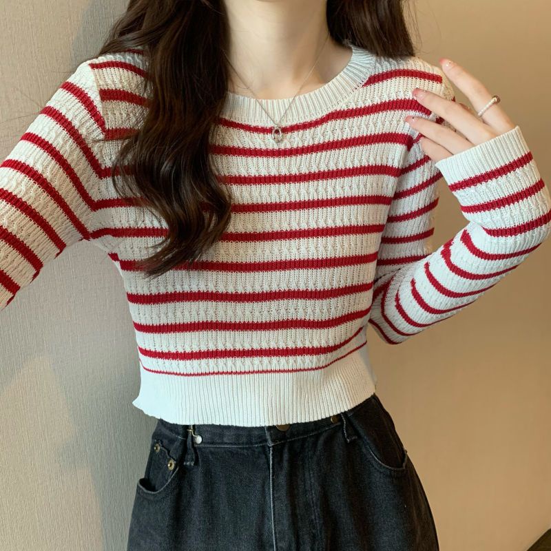 Rajutan sweater top wanita rasa desain slim musim gugur fashion bergaris temperamen lengan panjang malas sweater bottoming bagian dalam