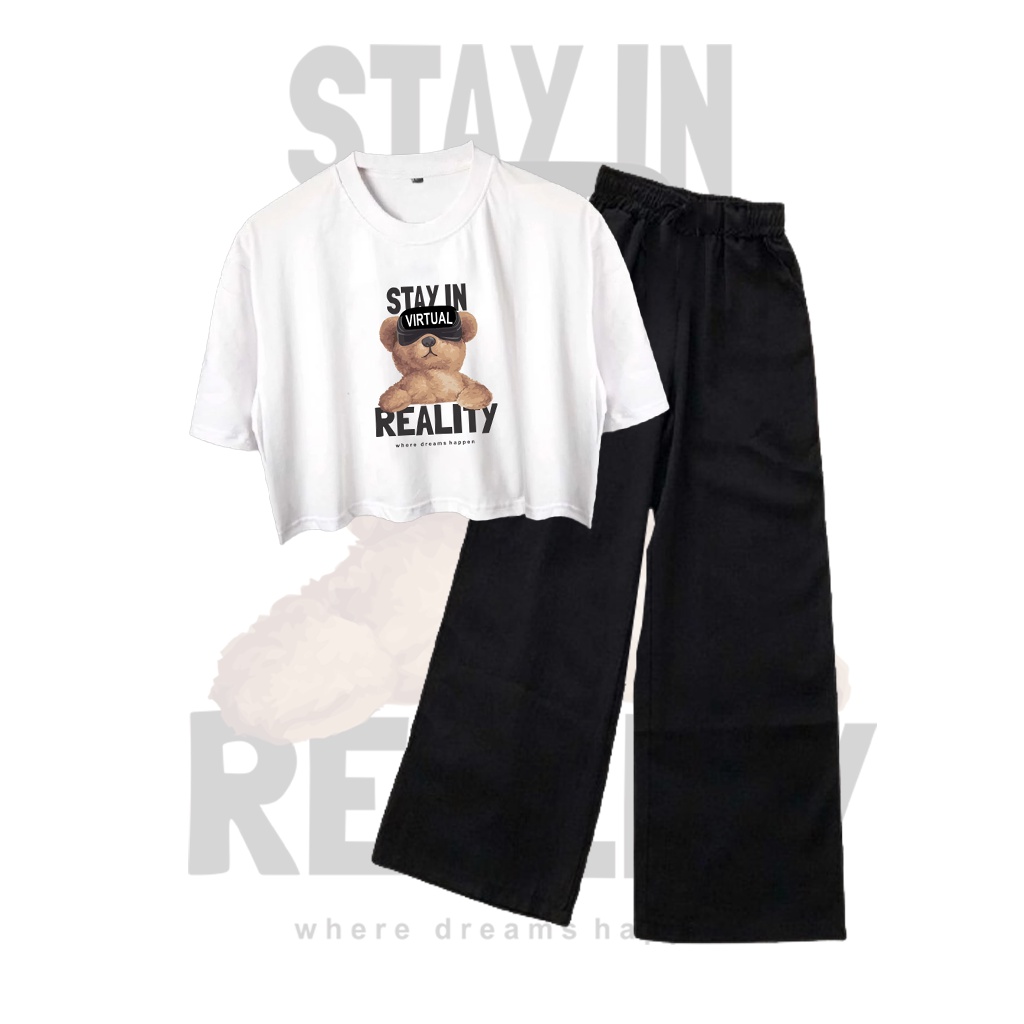 CLSTORE SETELAN BAJU REMAJA USIA 9-16 TAHUN KAOS CROP OVERSIZE DAN CELANA KULOT BEAR SERIES-Putih Virtual