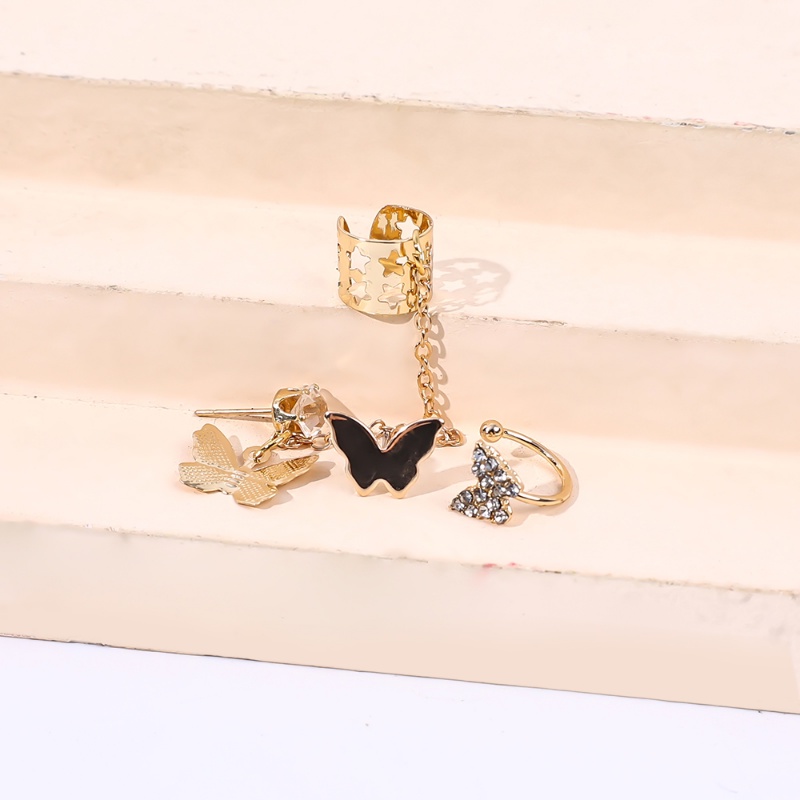 3 Pcs/Set Anting Gadis Emas Berkilau Anting Gadis Kupu-Kupu Yang Dipersonalisasi Anting Pejantan Manis Rantai Berongga Klip Telinga Fashion Aksesoris Belanja