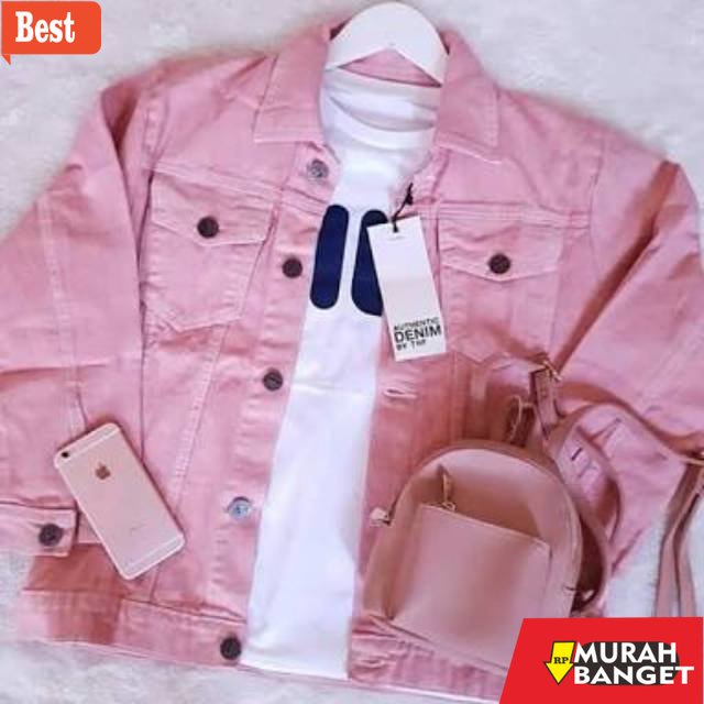 jaket hijaber JAKET JEANS DENIM OVERSIZE WARNA PINK TUA WANITA /PRIA