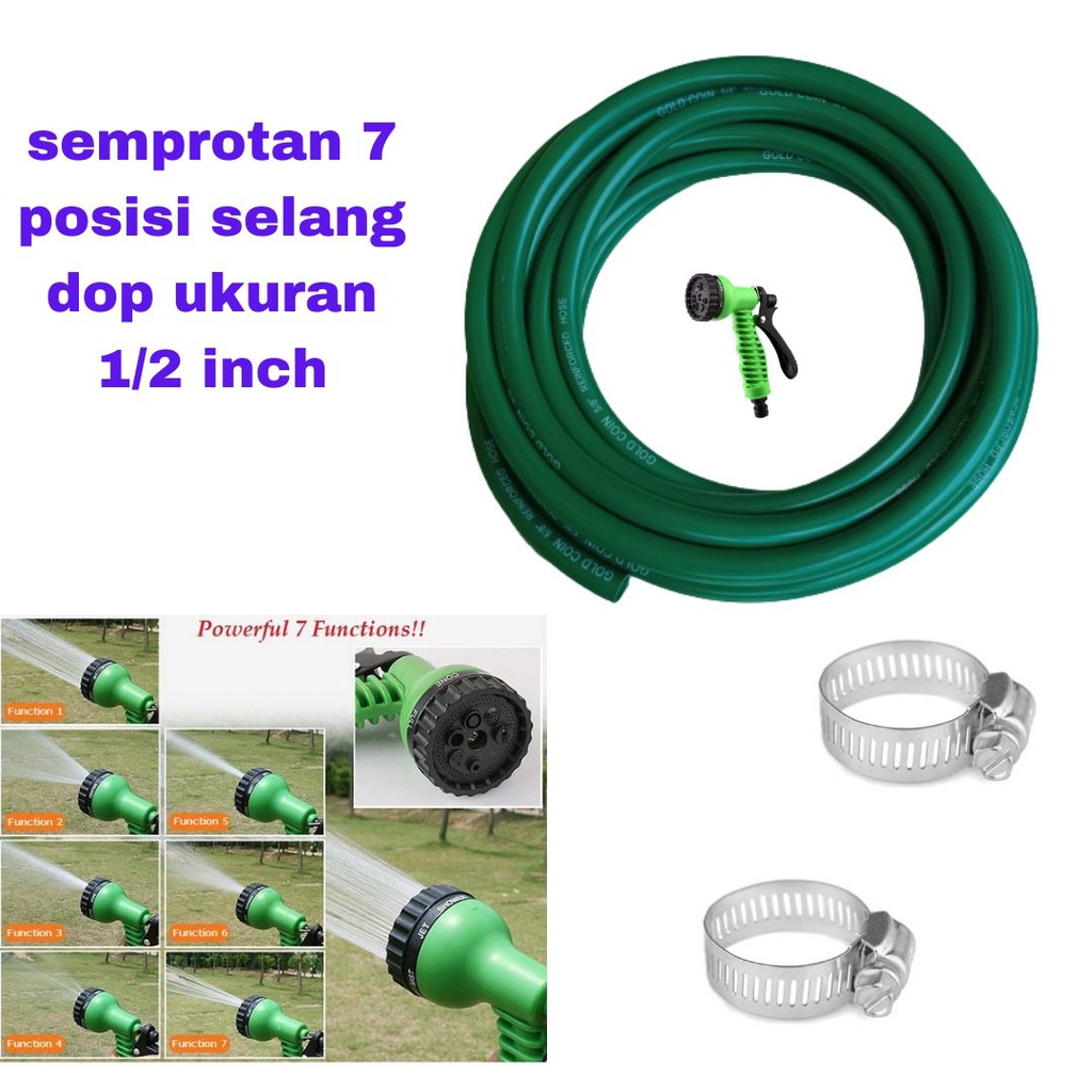 Set Selang Ukuran 1/2 / 5/8 Inch Kepala Semprotan Sprayer Tanaman Hoze Nozzle 7 Posisi Untuk Cuci Motor Mobil Peralatan Berkebun