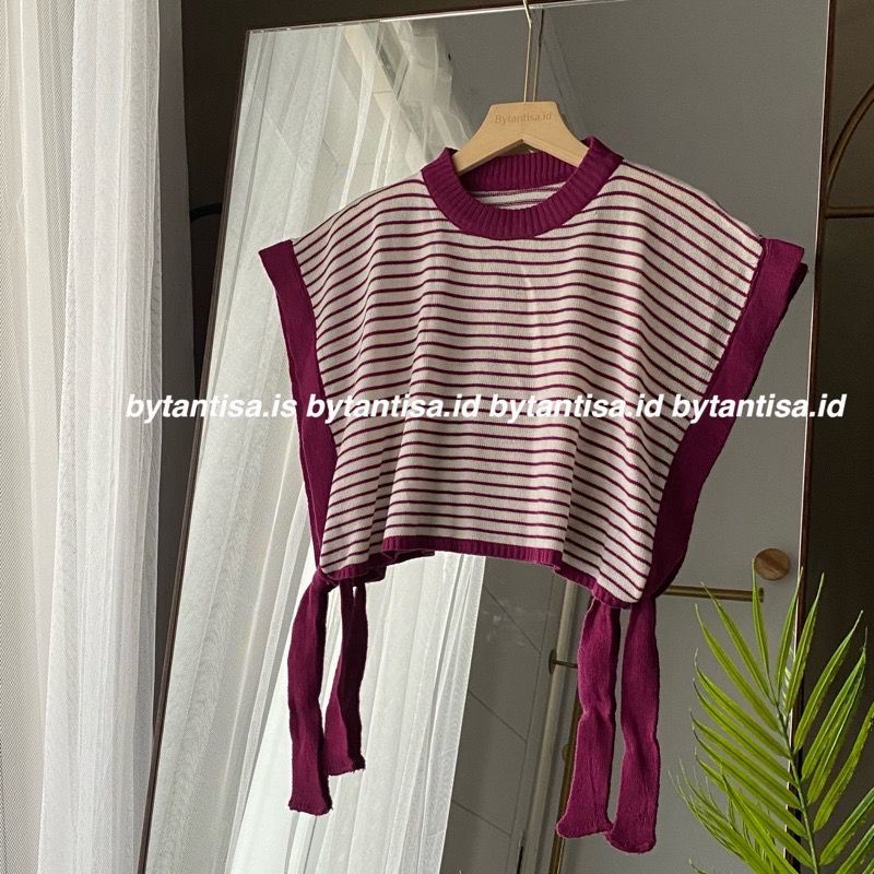 VEST RAJUT CROP STRIPE TALI SAMPING