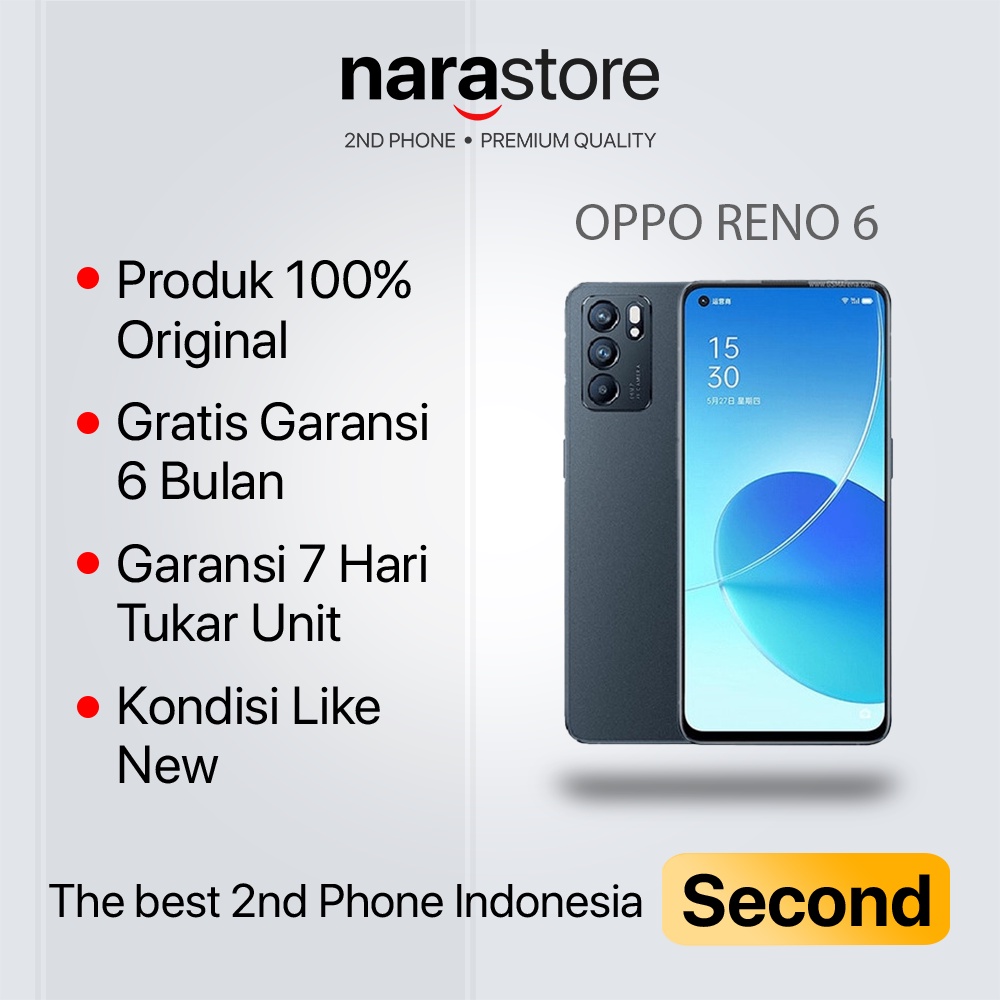 Oppo Reno 6 8/128GB-Black-Fullset Original Like New - Second Bekas