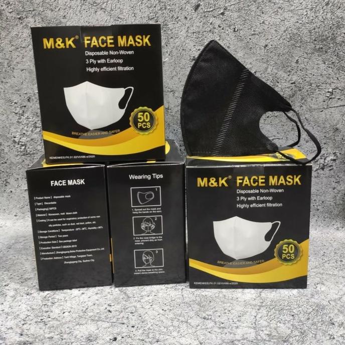 PER BOX 50 PC - MASKER DUCKBILL 3PLY M&K MK FACE MASK KEMENKES HITAM / t-snapbacksurabaya Kualitas B