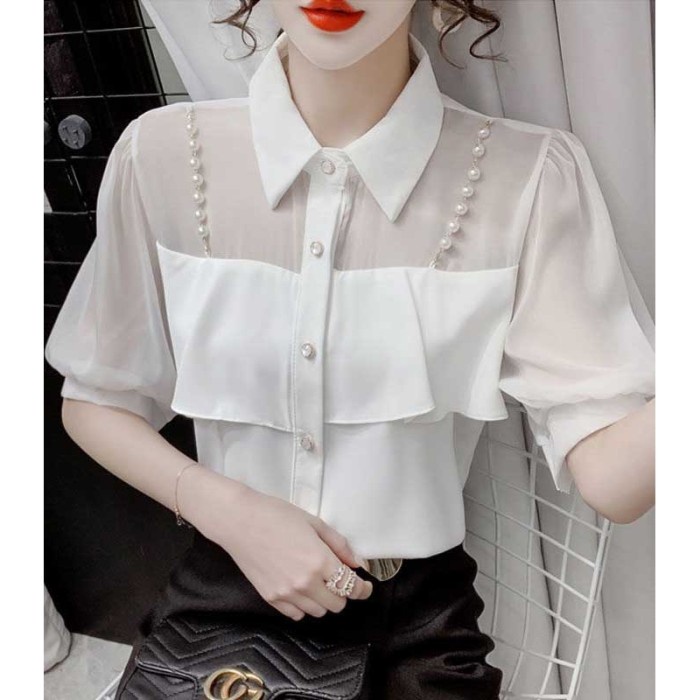 Kemeja wanita putih model mutiara aksesoris katun sifon korea lengan