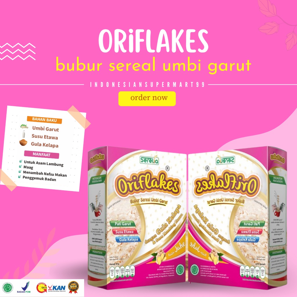 

Oriflakes Gaztro Bubur Sereal Umbi Garut dengan Gula Kelapa dan Susu Kambing Etawa Cocok Untuk Penambah Berat Badan dan Solusi Asam Lambung Rasa Jahe 350g