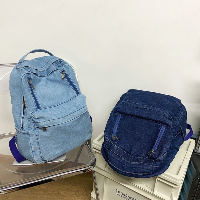 ☃Seraser Kasual Denim Kanvas Tas Wanita 2022 Baru Siswa Sekolah Tas Gaya Malas Jepang dan Korea Warna Solid Ransel Wanita Kapasitas Besar