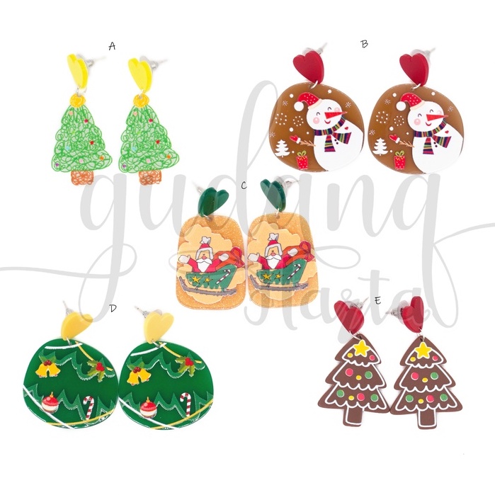 Anting Stud Wanita Merry Christmas Earrings Natal Motif Tree Santa Snowman GH 203393