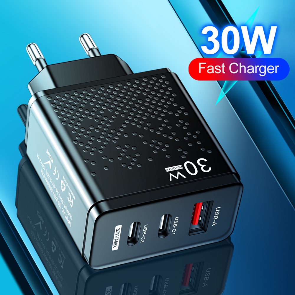 Adapter Charger Multi Port USB 30W + 2PD Tipe-c 5V 2.4A Fast Charging Plug US / EU / UK Untuk Iphone / Tablet