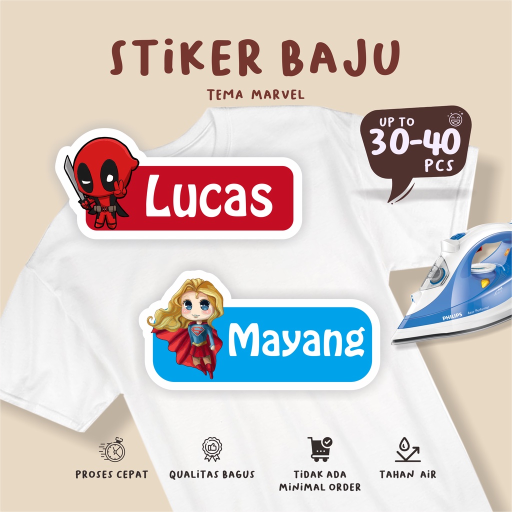 

(30-40pcs)cetak sablon Stiker Kain Label Baju Nama Anak tema MARVEL / Sablon Setrika Name /Label Sticker Iron on sticker a/ Kai