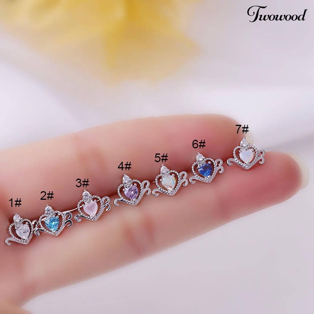 1 Pc Anting Stud Cubic Zirconia Bentuk Hati Model Hollow Untuk Wanita