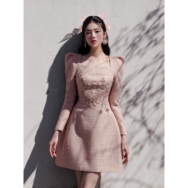 [Premium Series] Pink Tweed Dress with Lace Combination Import Premium