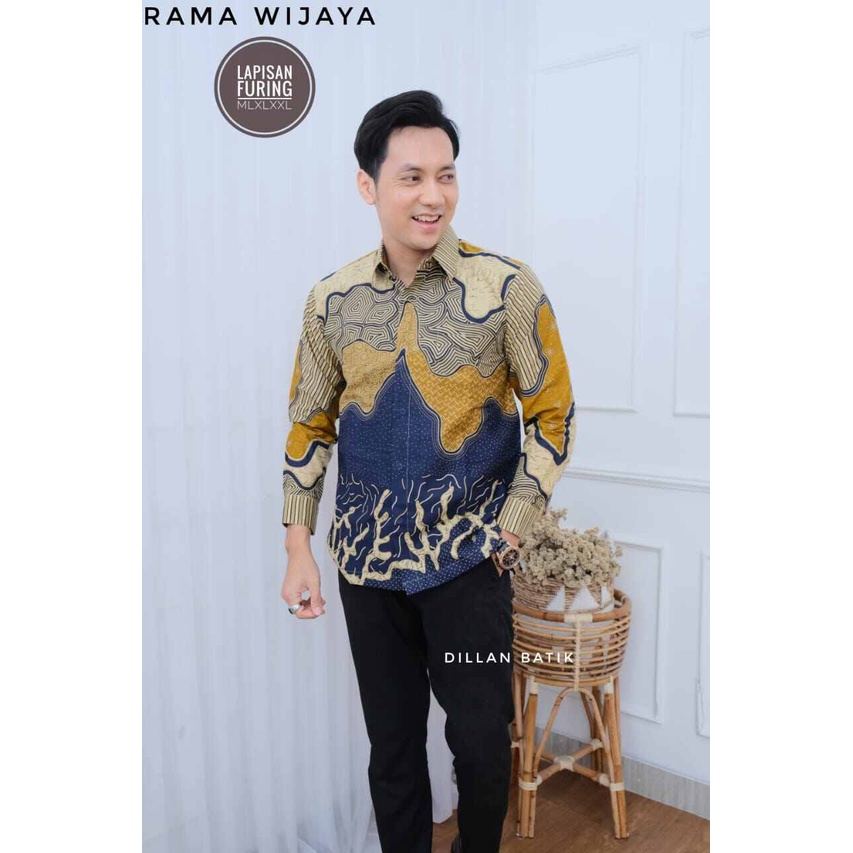 Kemeja batik pria terbaru motif kekinian lengan panjang full furing / batik pria mewah lengan panjang bahan katun premium solo / batik pria warna navy Oranye / baju batik panjang motif mewah RAMA WIJAYA