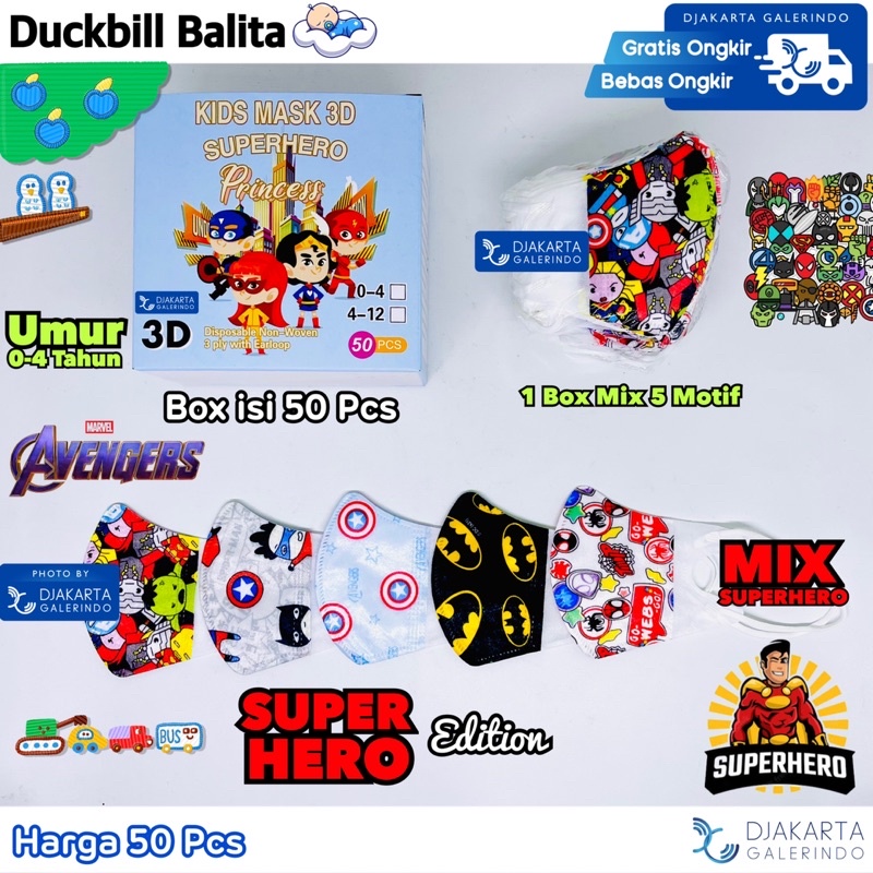 Masker Duckbill Balita Super Hero Princess Avengers - Masker Bayi - Masker Balita - Duckbill Bayi - Duckbill Balita 3Ply isi 50Pcs