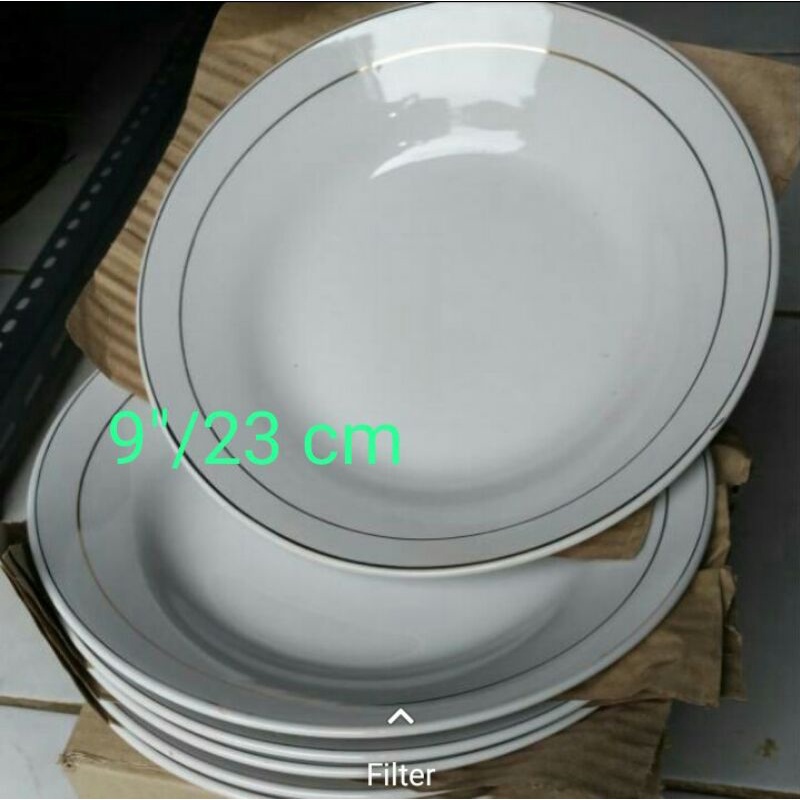 Piring Makan Keramik List emas Ukuran 9" 9 inchi Diameter 23Cm Harga 6 pcs/ setengah lusin.