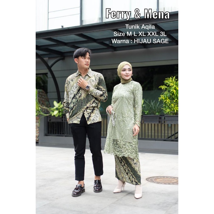 Baju Couple Pasangan set Kebaya Tunik Tulle AQILA Hijau Sage White batik pria Wisuda modern tunangan