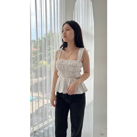 Selim Label Jia Top Korean Ruffle Top Contrast Stitch Square Tank Top