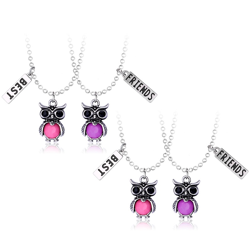 Fancyqube 2Pcs / Set Kalung Liontin Burung Hantu Aksen Hollow + Batu Merah Warna Silver Untuk Wanita