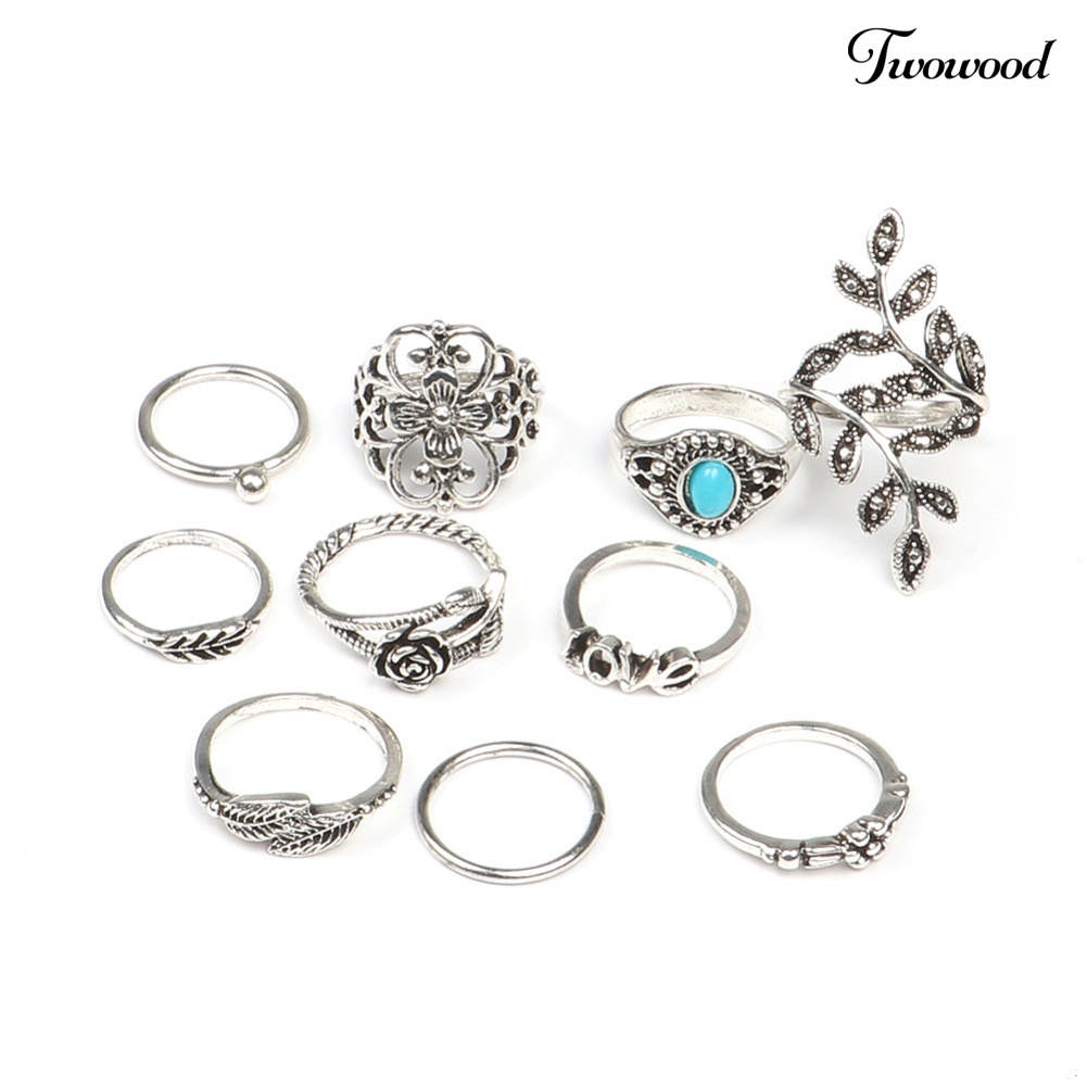 10 Pcs Cincin Jari Gaya Retro Motif Ukir Bunga Mawar Dengan Faux Turquoise Untuk Wanita