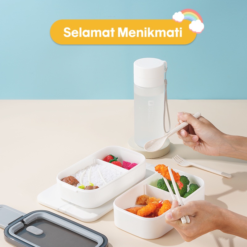 Letyeah &amp; Kaizenliving kotak makan set Tempat Makan Bekal 2 Layer Lunchbox Anti Tumpah Bocor BPA FREE botol minum 600ml