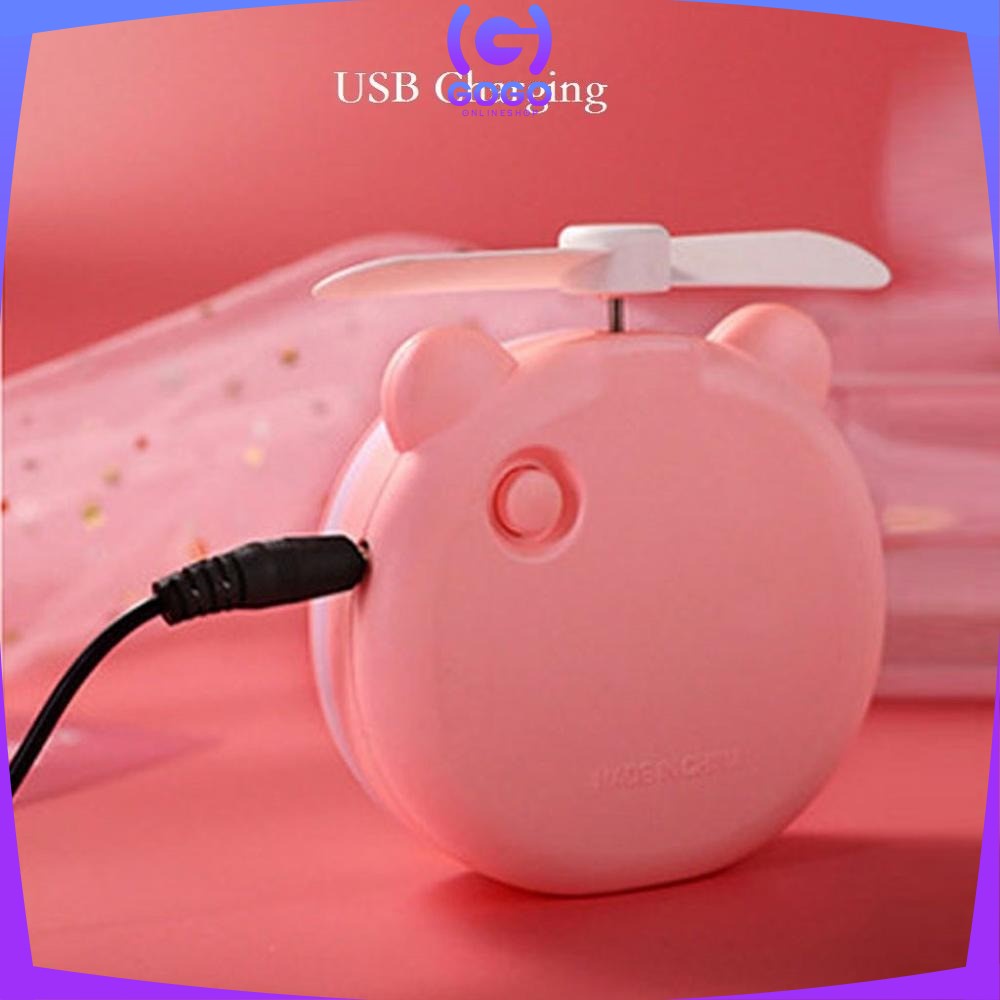 GOGO-K36 Kipas Cermin Makeup LED 3in1 Karakter Mini Fan Led Mirror USB Charger Cermin Make Up Portable