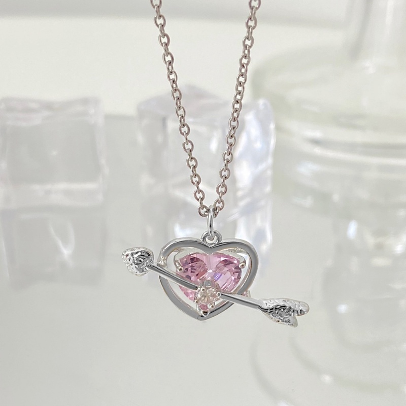 Kalung Rantai Klavikula Hias Liontin Hati Kristal Warna Pink