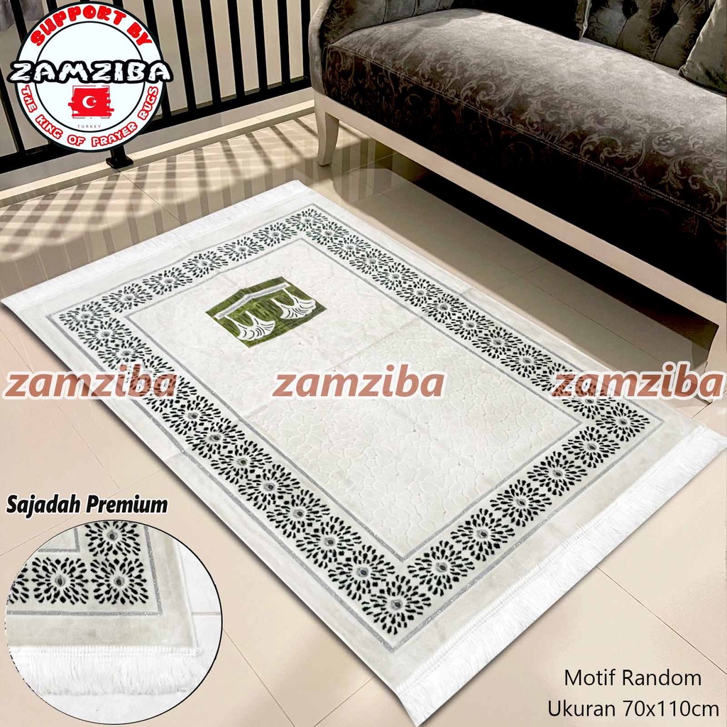 Sajadah Turki Premium Bahan Halus Warna Putih Motif Random Perlengkapan Sholat Sejadah Zamziba