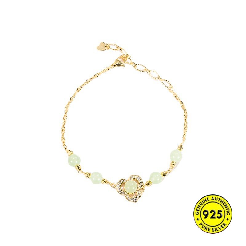 Gelang Tangan Manik-Manik Batu Jade Hetian Clover Hias Berlian Imitasi Untuk Wanita U1354