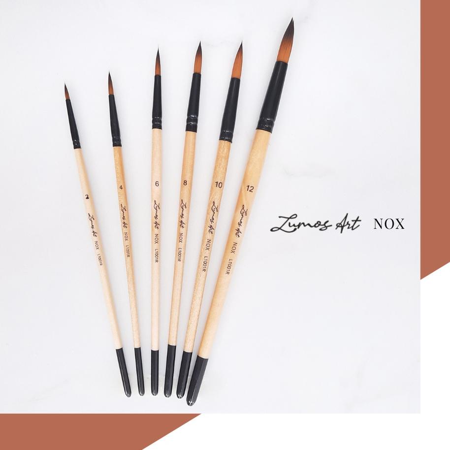 

づ Lumos Art Nox Brush for Beginner Round Flat / Kuas Lukis untuk Pemula Watercolor Gouache Acrylic Cat Air Akrilik Ujung Lancip Pointy MR98