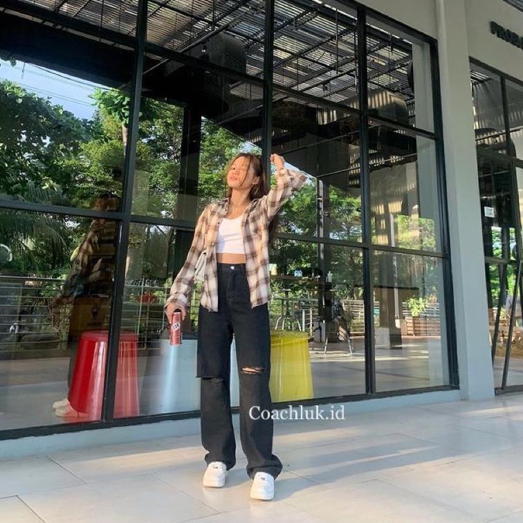 BEST SELLER Highwaist Kulot Jeans Wanita Loose Ripped Sobek Lutut Celana Panjang High Waist Boyfrien