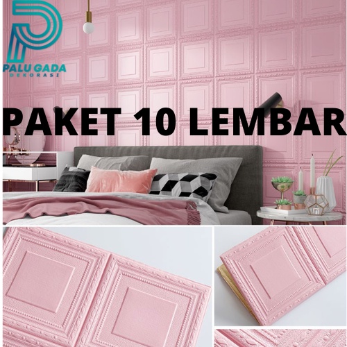 PAKET 10 LEMBAR 3D Timbul Wallpaper Sticker Foam Wallfoam Dinding Kamar Motif Kotak Kamar Hotel Term