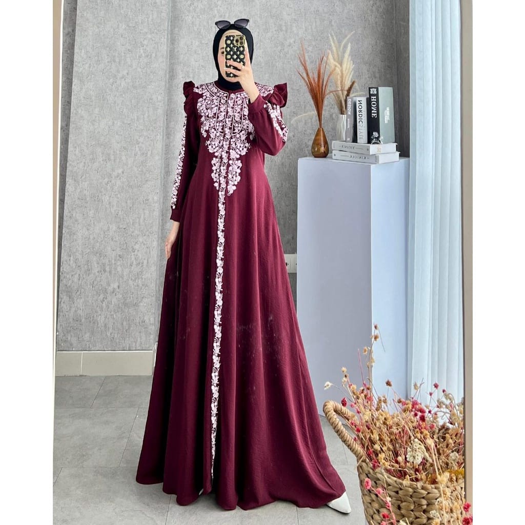 Baju Gamis Kekinian Delova Dress Kondangan Jumbo Busana Muslim Wanita Terbaru Busui Friendly Matt Crinkle AirFlow Aksen Bordir